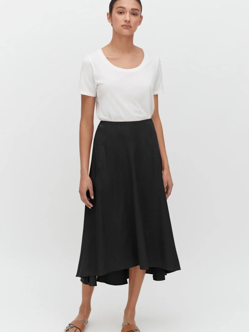 Cuyana Linen Flare Black Asymmetric Midi Skirt